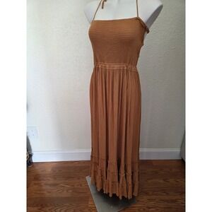 R.Vivimos Womens XL Smocked Maxi Dress Ginger Brown Boho Tiered Open Back Halter